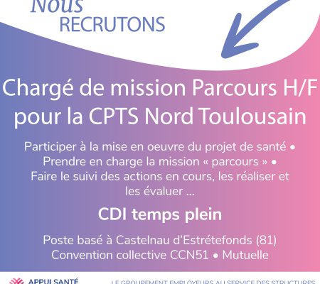 Le Groupement d’Employeurs Appui Santé Occitanie Emplois recherche un/e chargé(e) de mission de parcours pour la CPTS Nord Est Toulousain